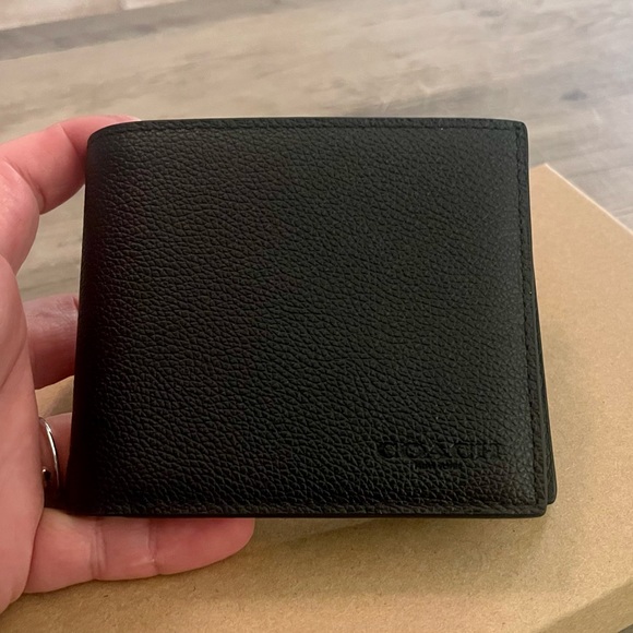 Coach Men’s Sport Calf Leather Compact ID Wallet Black - Picture 2 of 5